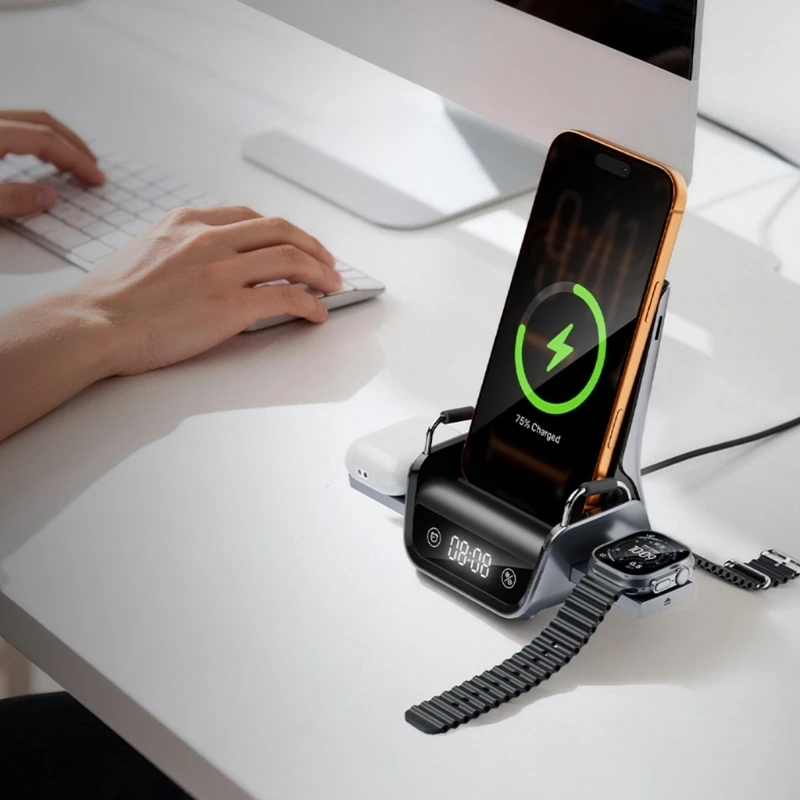 Wireless Charging Dock with Clock Display, Multiple Device Stand for Phone Watch Ear Buds, ABS Metal Desktop for Office Desk