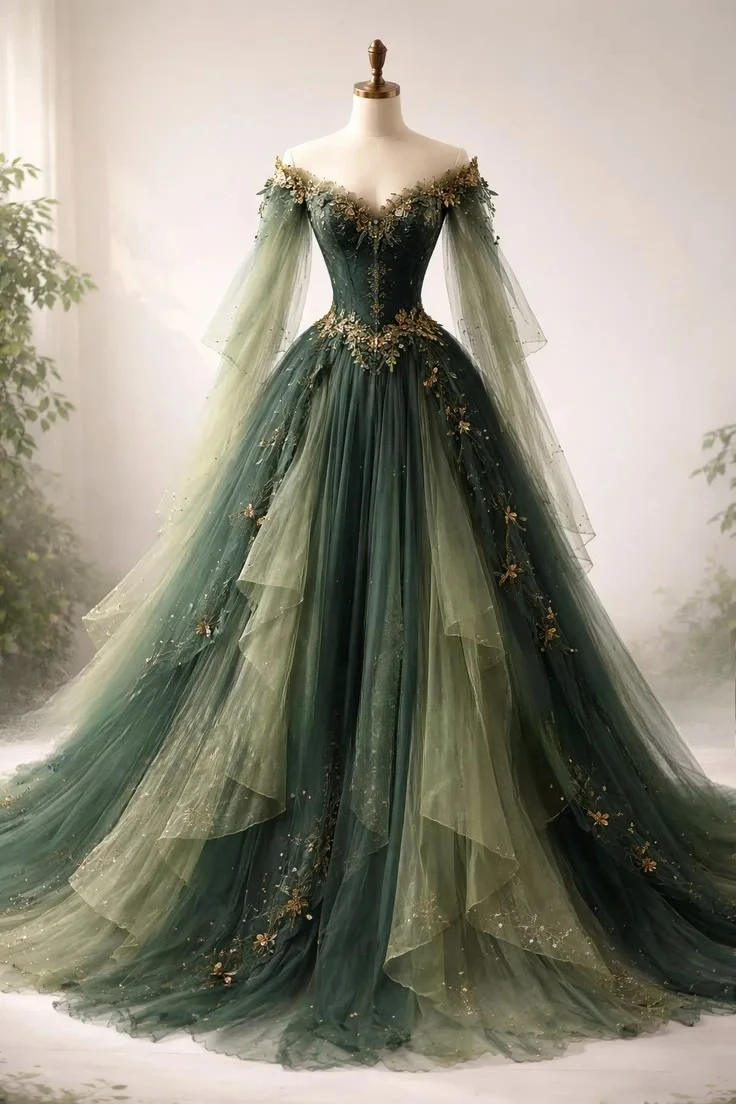 Waldgrünes Fairycore-Hochzeitskleid Glamouröses Schulterfreies Brautkleid mit Funkelnden Applikationen Cosplay-Abendkleid