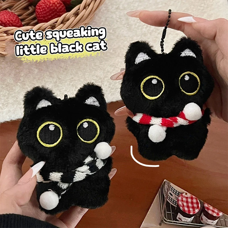 Cute Black Cat Squeaky Plush Doll Keychain Soft Stuffed Kitten Doll Keyring Lovely School Bag Pendant Decoration Couple Gifts