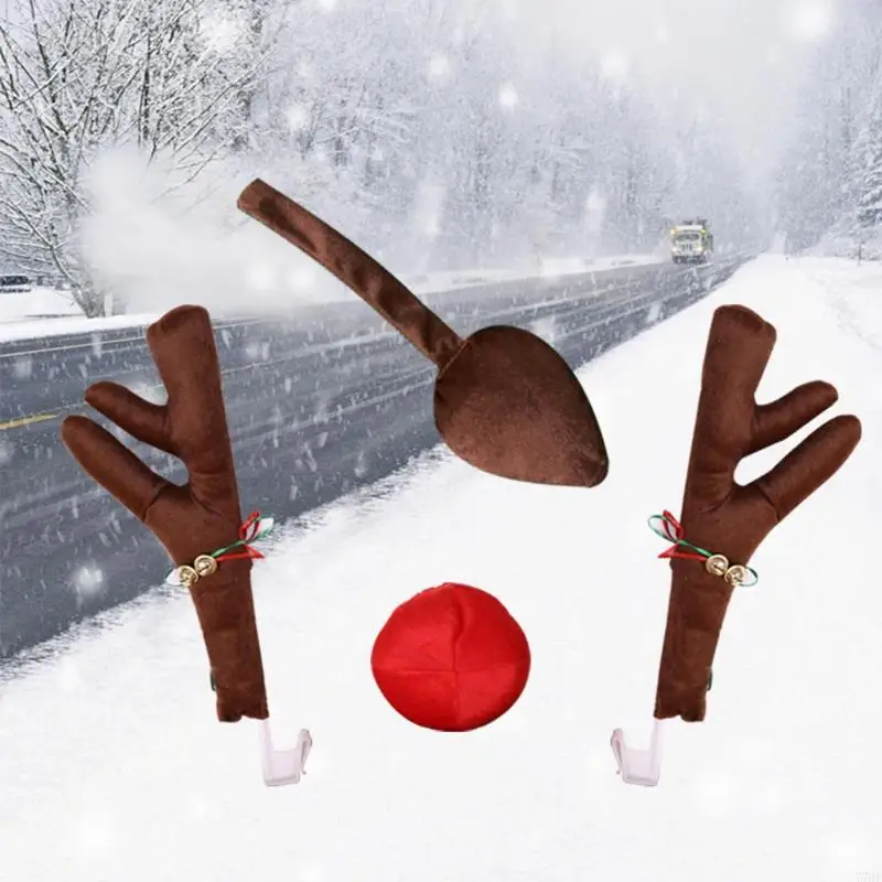 

77HF Reindeer Antlers Red Nose Tail Xmas New Year Supplies Vehicle Exterior Ornaments