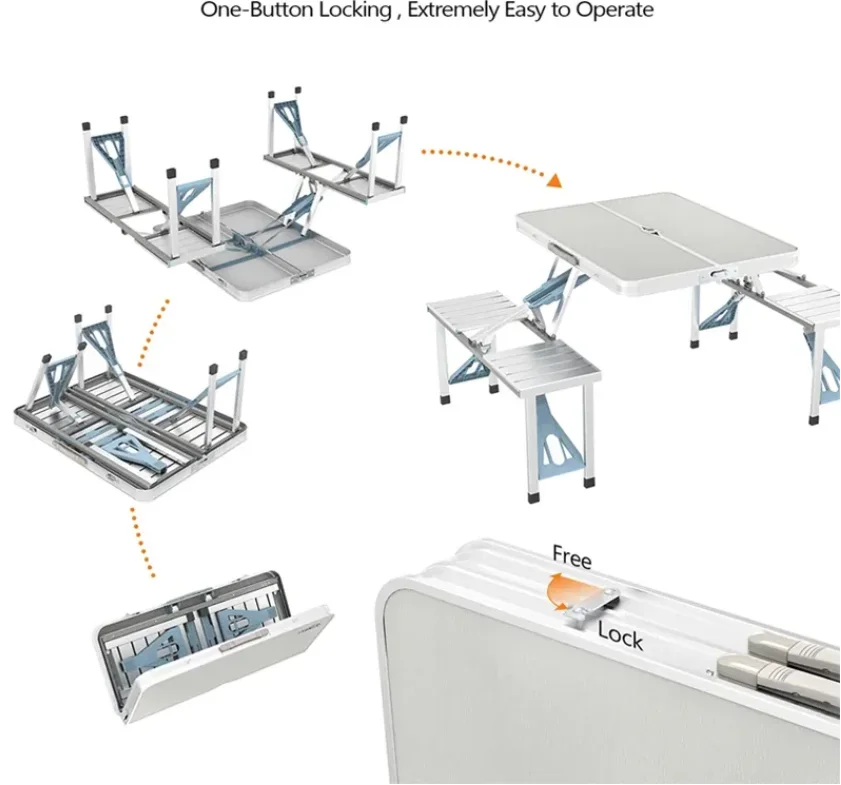 Aluminum Folding Picnic Table with 4 Seats Portable Camping Table with Bench Outdoor Suitcase Chair for BBQ Picnic Hiking