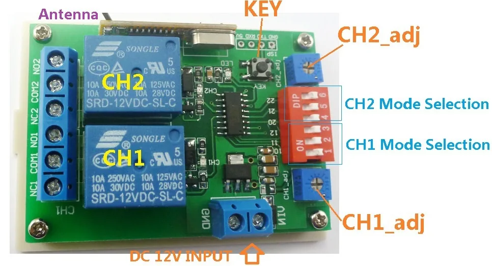 

CE029A DC 12V Wireless Timer Delay Relay Control for EV1527 PT2262 ASK OOK Remote Code Learning
