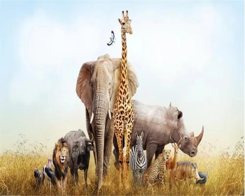 

Custom wallpaper Grassland animal giraffe elephant Children's Room background wall painting home decoration 3d wallpaper