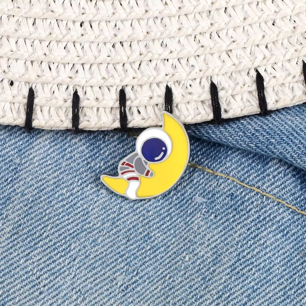 Proud Astronaut Brooches Pins Cute Cartoon Character Enamel Pin Crescent Star Badge Denim Lapel Brooch Jewelry For Women Men Kid