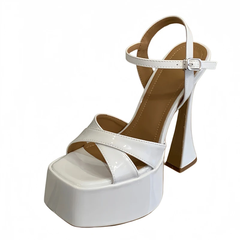 Liyke Runway Style Super High Heels Women Sandals Fashion Platform Square Open Toe Patent Leather Summer Chunky Shoes Sandalias