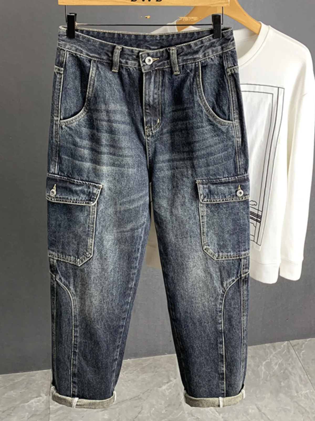 

Модные ретро-джинсы для мужчин в стиле стритстайл, свободные, прямые, широкие, повседневные, рабочие, из хлопкового стрейч-денима, для молодежи, осень-зима