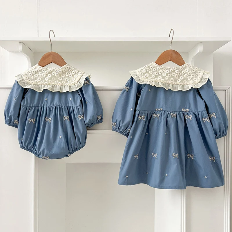 Lente Zusters Kleding Meisjes Boog Borduren Kant Kleding Baby Romper Katoenen Baby Body Prinses Meisjes Zus Familie Jurk