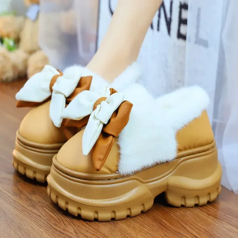 High heels 7.5cm bow slippers home women 2024 Autumn Winter Warm Thick Bottom plush Slides Women's Platform Waterproof Slippers