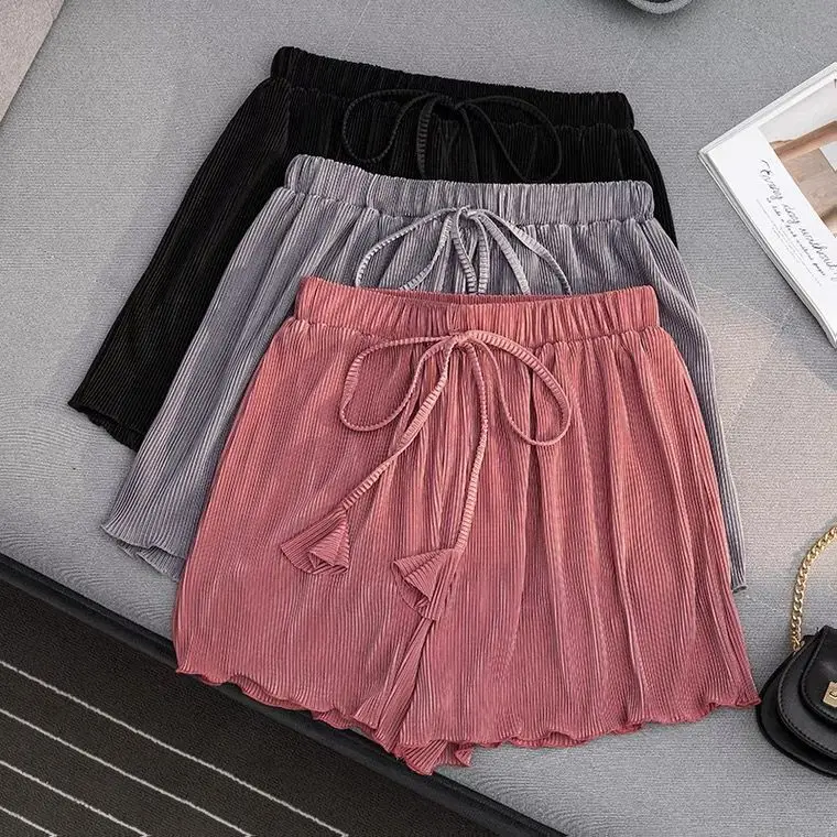 2024 Summer Ice silk Pleated skirt pants Korean Ladies High Waist Wide Leg Shorts   Casual Loose Skirt Shorts