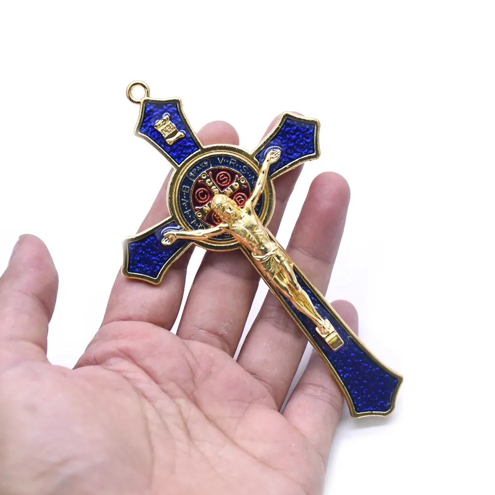 رسمت باليد المينا الصليب قلادة معدنية ديكور للتعليق على الحائط لغرفة المعيشة خمر فن المنزل الديني (الذهب/أسود) ديكور عام