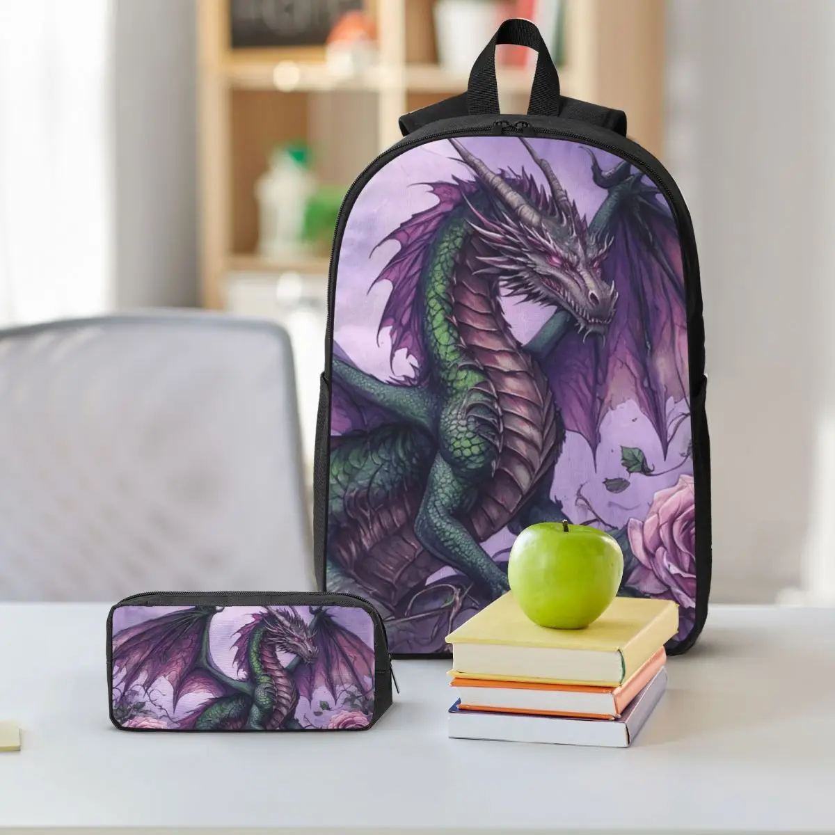 Dragon And Purple Rose Design Backpack Boys Girls BookBag School Bag Shoulder Bags 3ps Insulated Lunch Bag Pencil Case