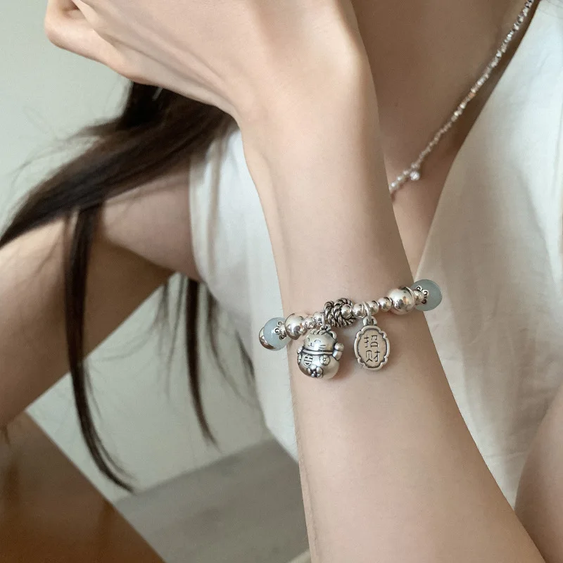 سوار من الفضة الإسترليني مع كرة مرنة صينية للنساء ، قطة محظوظة ، حظ جيد ، موضة فتاة ، هدية مجوهرات ، دروبشيب ، بيع بالجملة #5