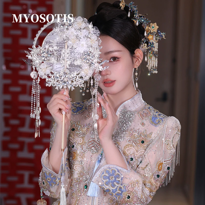 

Handmade Fairy White Bridal Round Fan Ancient Style Hanfu Xiuhe Wedding Decoration Crafts Props Friends Gift Masking Fans