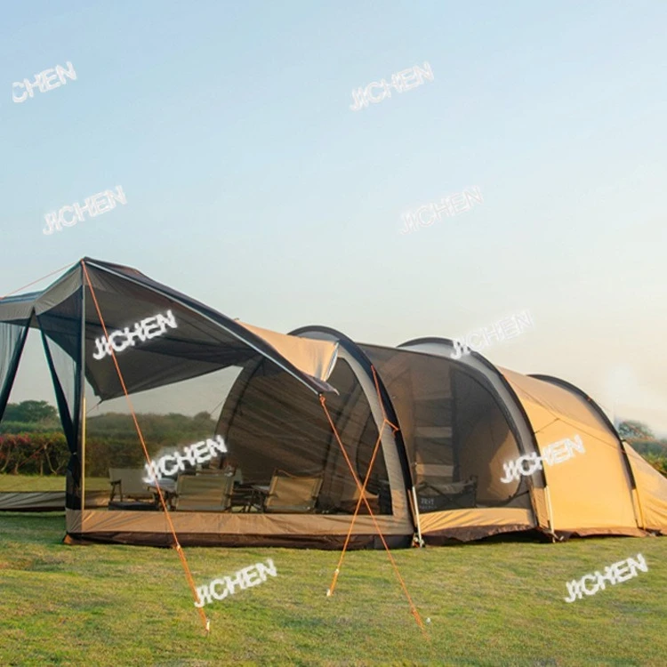 

Large luxury outdoor camping UV protection large space one room one hall three pole tunnel tent large front hall