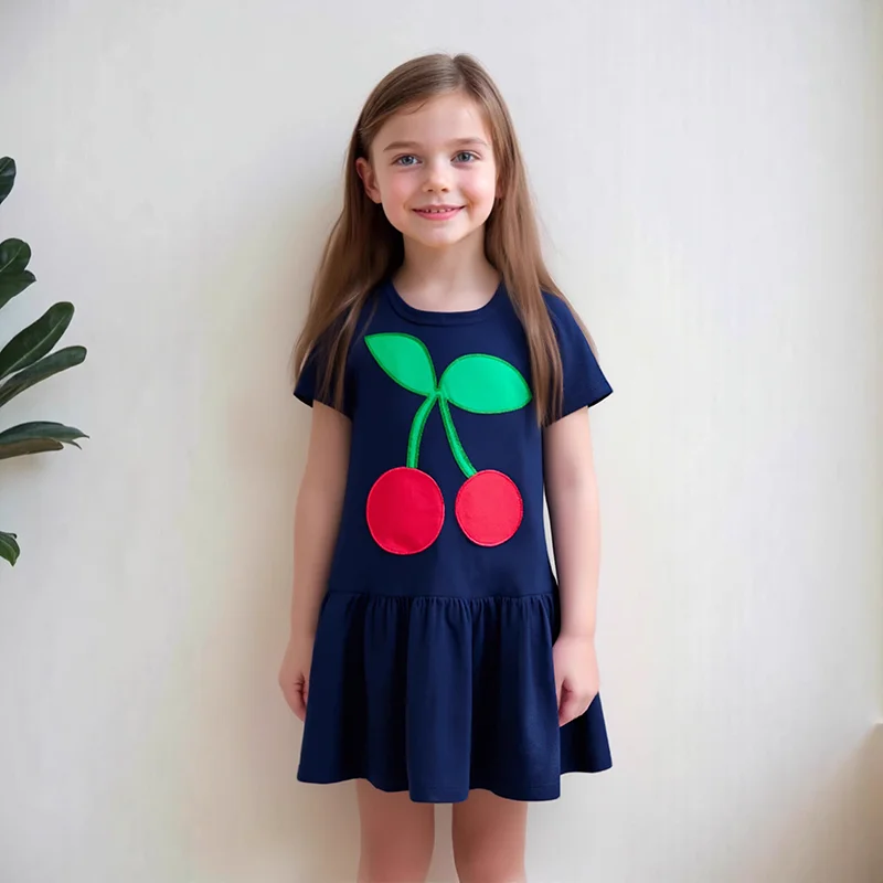 Little maven 2026 ملابس أطفال صيفية جديدة للأطفال والبنات ملابس كاجوال قطنية للأطفال فساتين كرز كرتونية