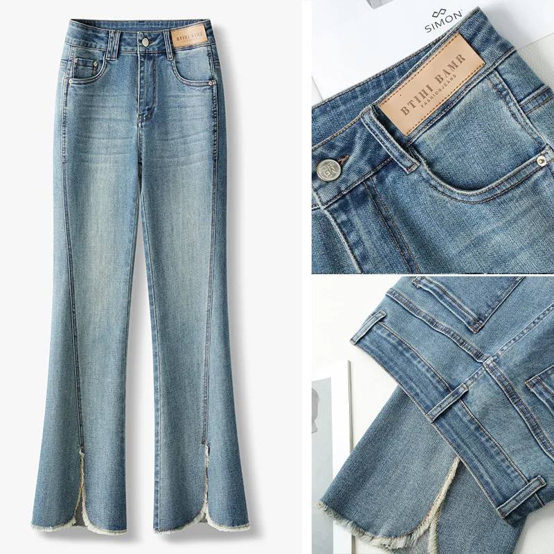 Split micro-cut jeans women's spring light raw edge high waisted thin horseshoe horn pants