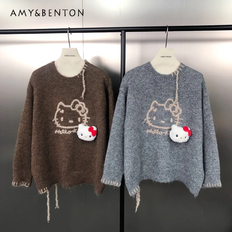 

Vintage Korean Style Design Color-Block Stitching O-Neck Cartoon Embroidery Knitwear Coat Versatile Comfortable Pullover Sweater