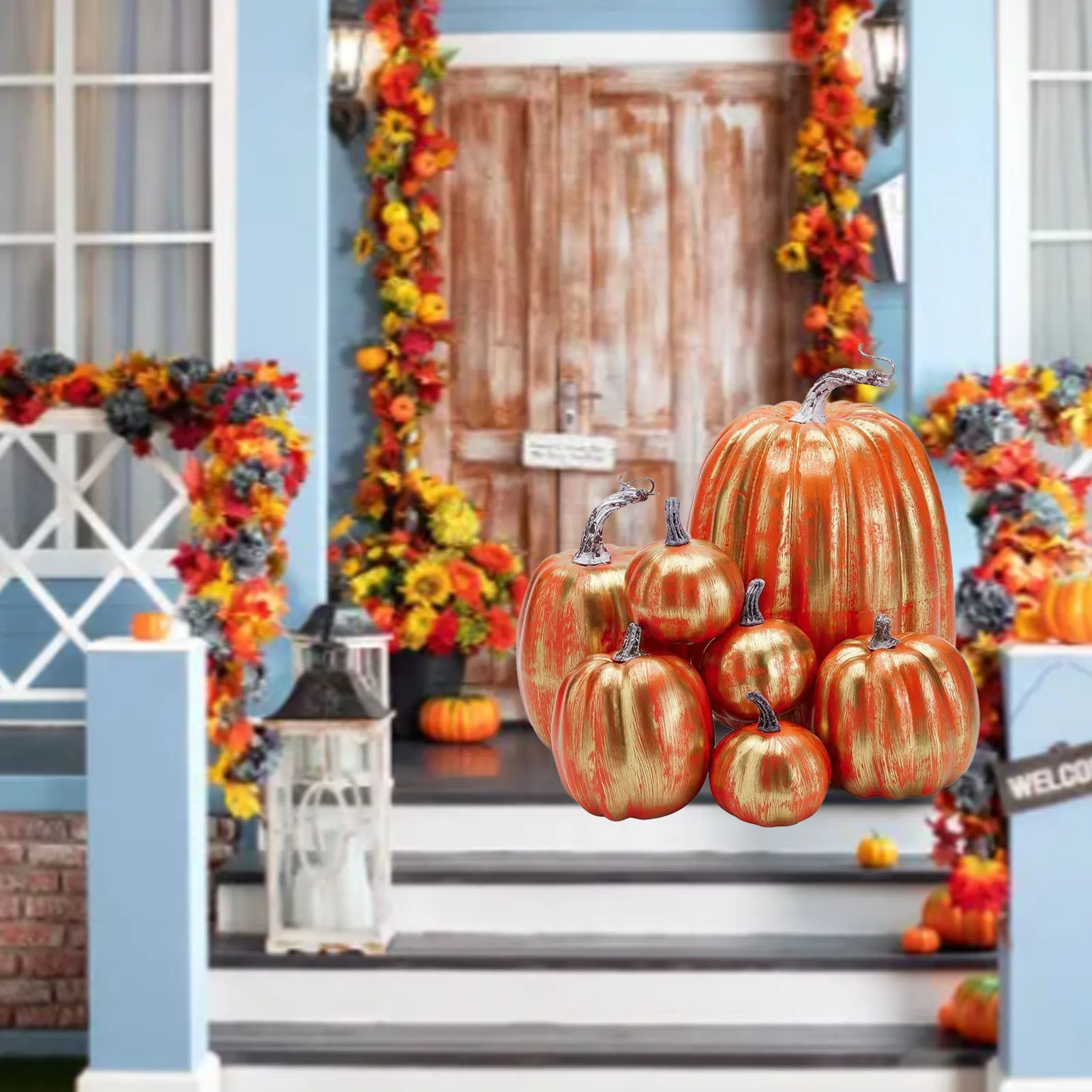 Reusable Lightweight Foam Pumpkin Set 7pcs - Glossy Red Gold Simulated Prop for Home Decoration