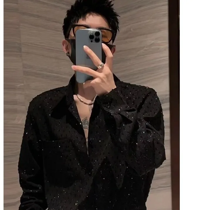 

Летняя мужская блестящая рубашка с длинным рукавом, больших размеров, не требующая глажки, однотонная, с отложным воротником, дышащая, комфортная, из полиэфирного волокна