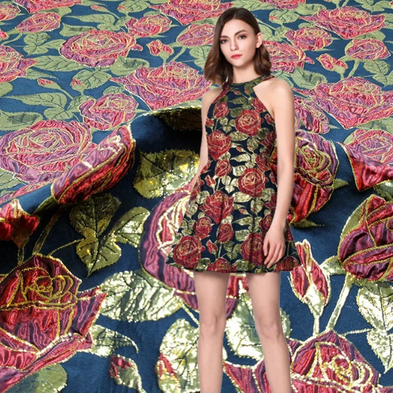 Jacquard Brocade Fabric Gold Rose Concave Convex Dress Fabrics High-grade Windbreaker Woven Clothing cloth by the Yard