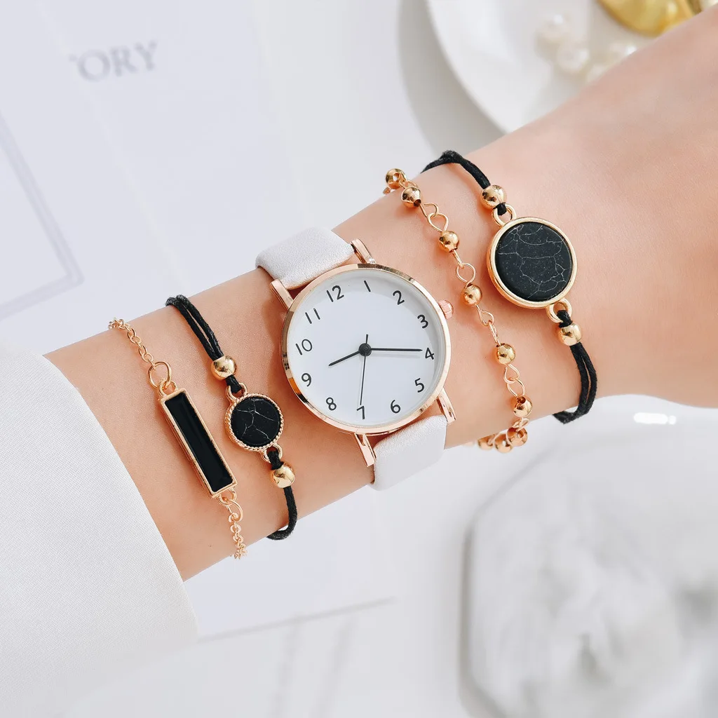 5pcs/set trendy simple quartz women lady casual leather watch