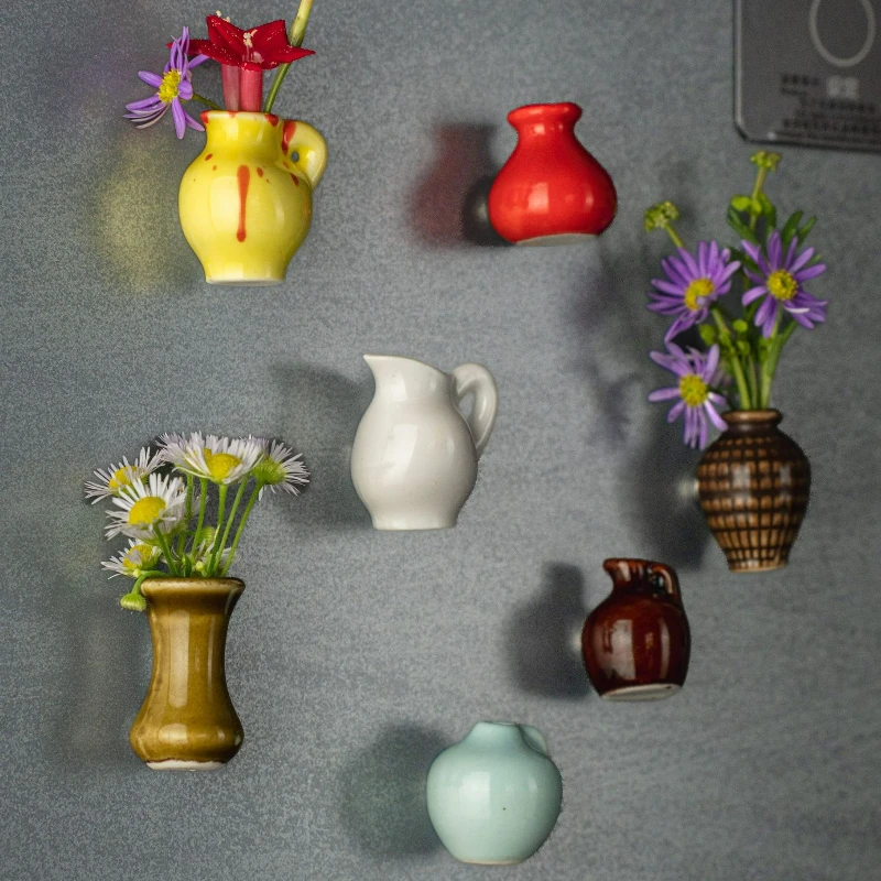

3/6/10pcs Ceramic Mini Vase Refrigerator with Magnetic Suction Flower DIY Cute Magnets Home Decoration Fingertip Refrigerator