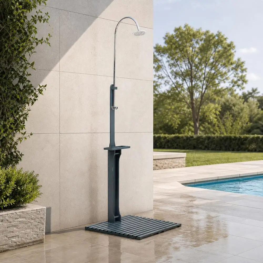 Douche de jardin en bois anthracite, base en pin massif, pommeau de douche en acier inoxydable, pression d'eau réglable, douche autoportante extérieure avec porte-savon pour jardin et camping