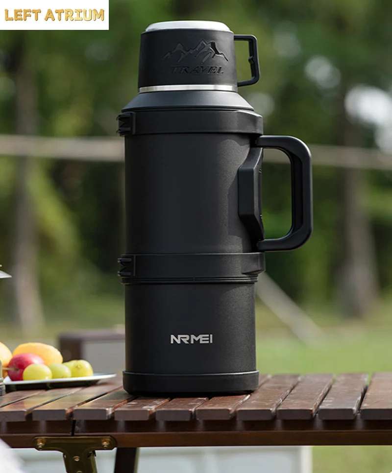 Portable Large Capacity Thermos Bottle with Carry Sleeve, Stainless Steel, Black Jug, Vacuum Flasks, Outdoor, 5000ml