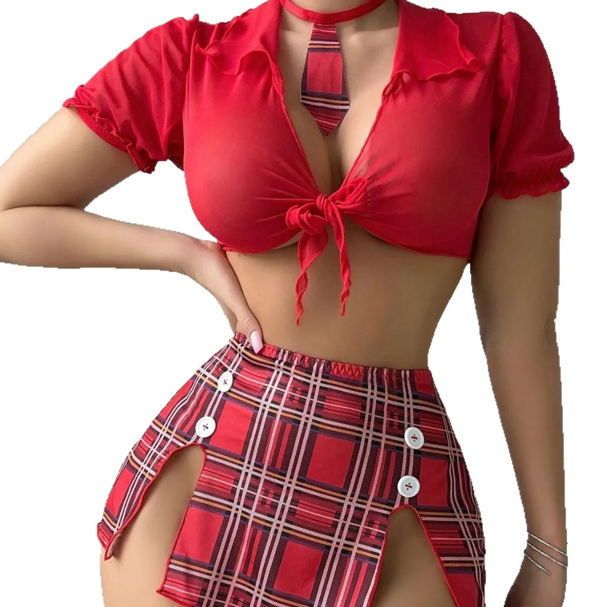 

Комплект нижнего белья для женщин, сексуальные наряды школьниц, костюм, сетчатый прозрачный топ с завязками и мини-юбка, рождественское красное праздничное платье Babydoll