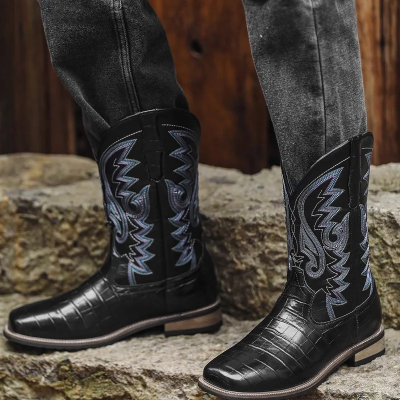 Luxury Handmade Embroidery Mens Boots Retro Western Cowboy Boots Outdoor Knight Boots for Men Mid-calf Leather Boot Botas Hombre