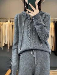 Cardigã de caxemira pura com capuz feminino, terno de flor torcida, suéter solto, casaco, calça de pernas largas, lã, 2 peças, outono e inverno