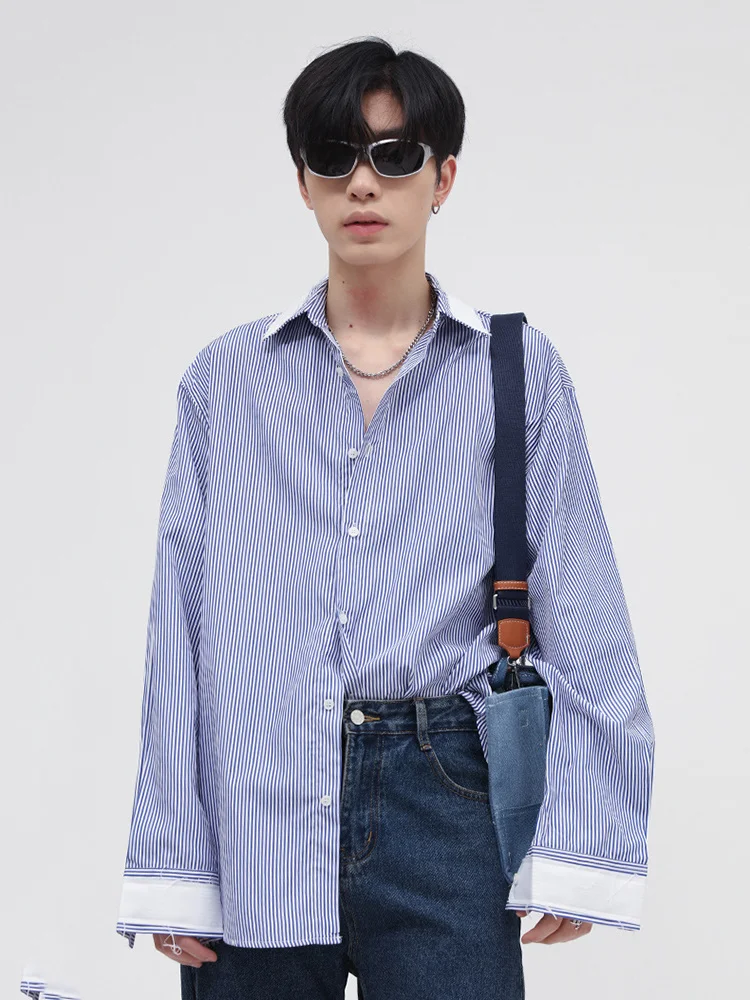 Colorblocked Menswear Striped Shirts 2022 Spring New Korean Loose Casual Tops Korean Tide Design Long Sleeve Shirts Lapel