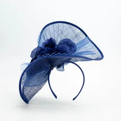 2023 Blue Sinamay Flower Fascinators Hat Women High End Handmade Rose Fascinator Hairbands Banquet Cocktail Church Hat Headpiece