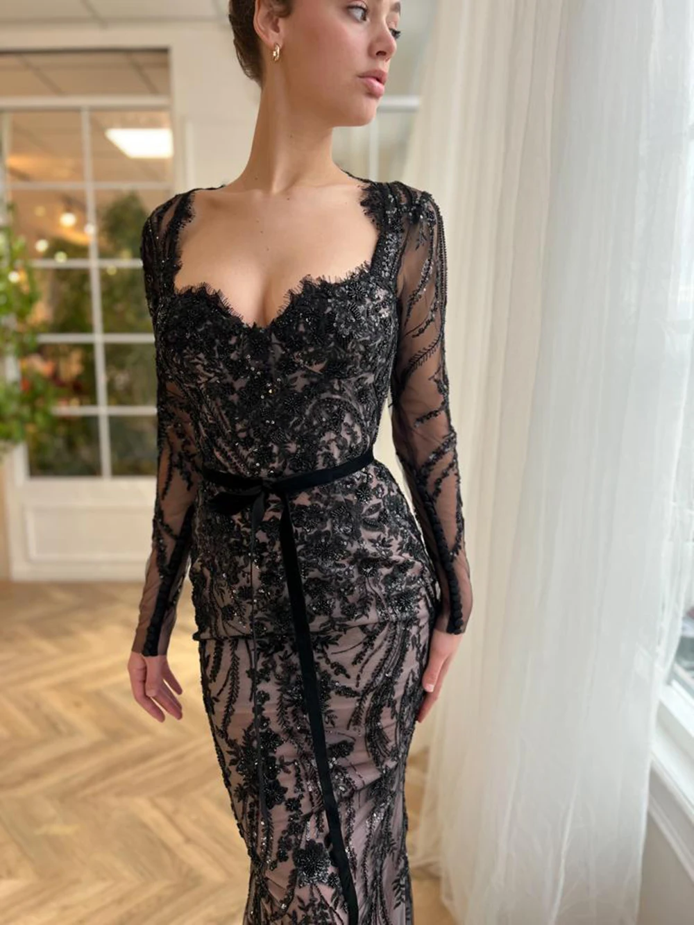 Vintage Mermaid Evening Dresses Lace Black Prom Party Gowns Long Sleeves Sweetheart Wedding Party Gowns 2024 Sequined Bow Belt