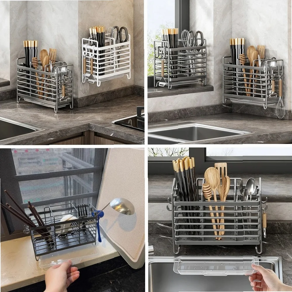 

Drill-Free Wall Mounted Chopsticks Organizer Utensil Drying Rack Kitchen Cutlery Drainer Basket Multi-Purpose Holder