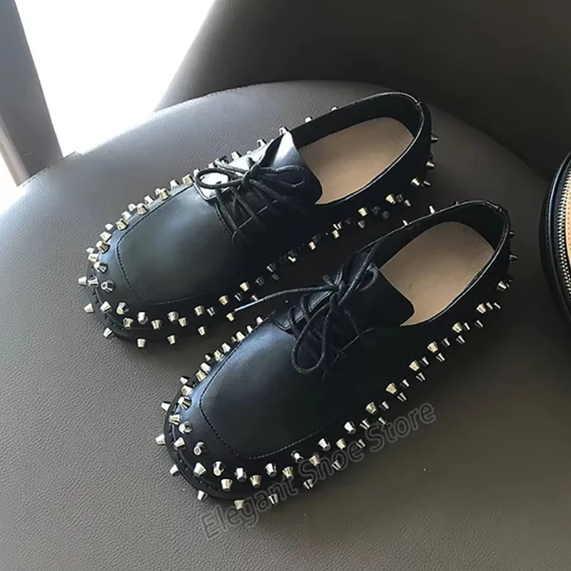 

Punk Style Rivet Loafers Women's Pumps Spring New Black Soft Leather Round Toe Lace-Up Flats Fashion Comfortable Casual Shoes