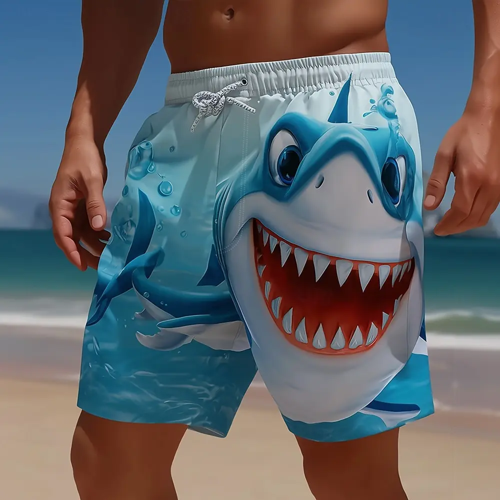 

Men's Funny Shark Cartoon Shorts Mid Waist Hawaiian Beach Drawstring Waist Side Pockets Casual Designer Wear for Spring & Summer