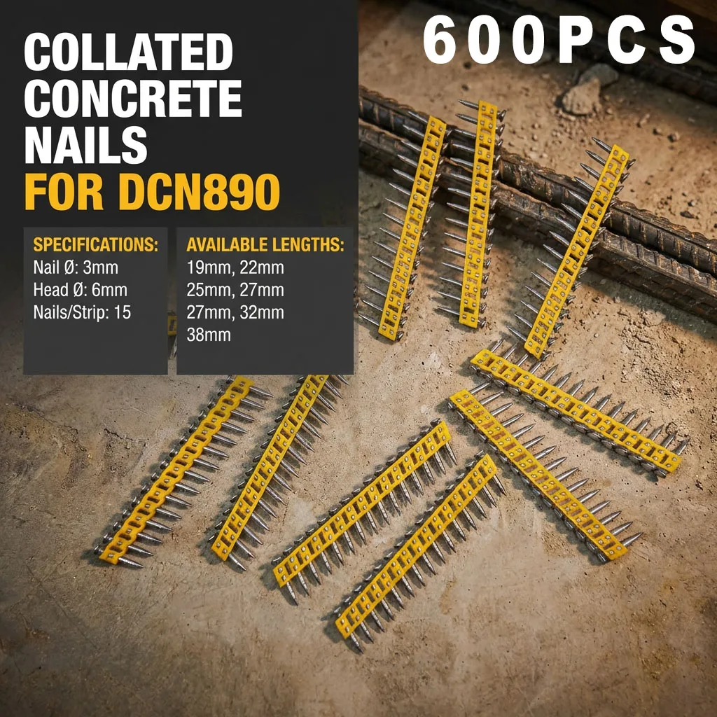 600PCS Yellow Strip Concrete Nails Compatible with Dewalt DCN890 3mm Drive Pins 19-38mm for Steel Wire Net Fastening