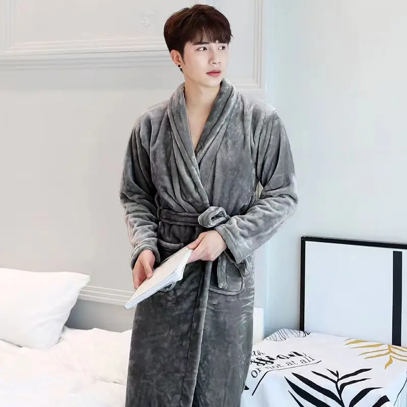 Winter Super Thicken Double-side Flannel Plus Plush Warm Bathrobe Man Casual Loose Solid V Neck Sleepwear Comfort Shower Robe