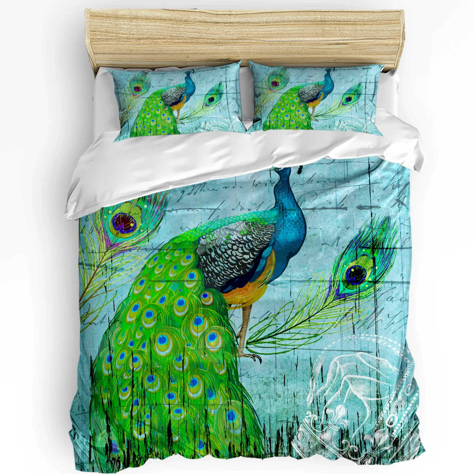 

Peacock Wood Grain Feather Retro Duvet Cover with Pillow Case Custom 3pcs Bedding Set Quilt Cover Double Bed Home Textile