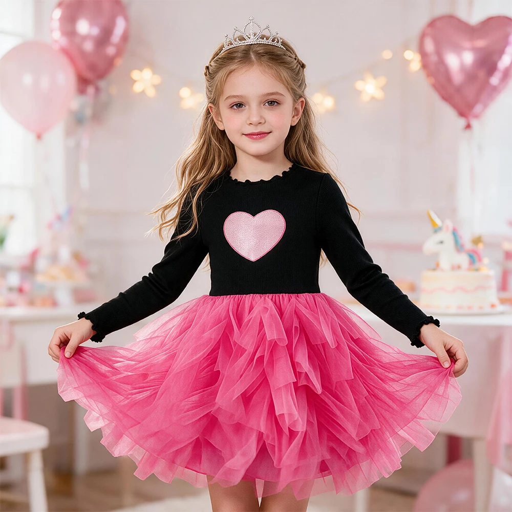 Kleinkinder Herzförmiger Druck Langarm Strickkleid in Schwarz und Rosa, Kinder Mehrlagiges Flauschiges Tüll-Prinzessinnenkleid für Geburtstagsfeiern und Alltag – Detail 2
