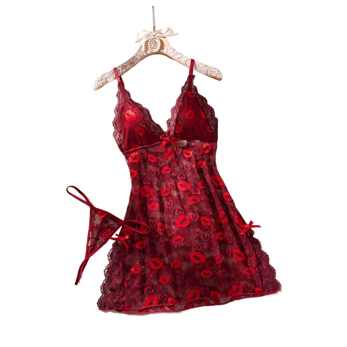 Women Elegant Lace Babydoll Nightgown Halter Neck Printed Chemise With Underwear Sleepwear Set