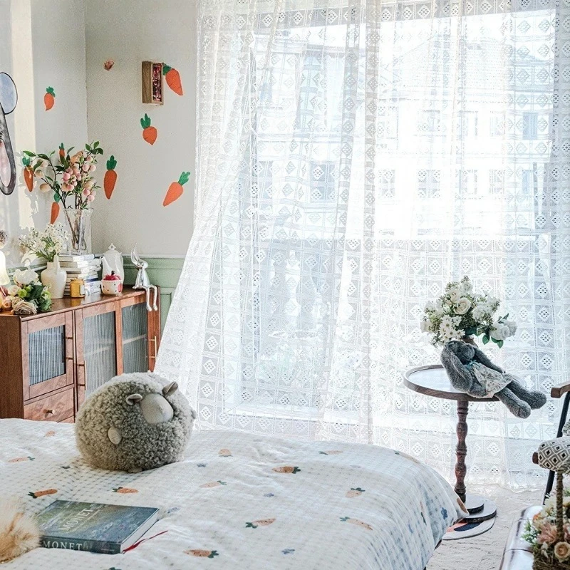 Cross Border French Lace Curtain for Living Dining Room Geometric Jacquard Custom Size Light Transmitting Sheer Gauze Tulle