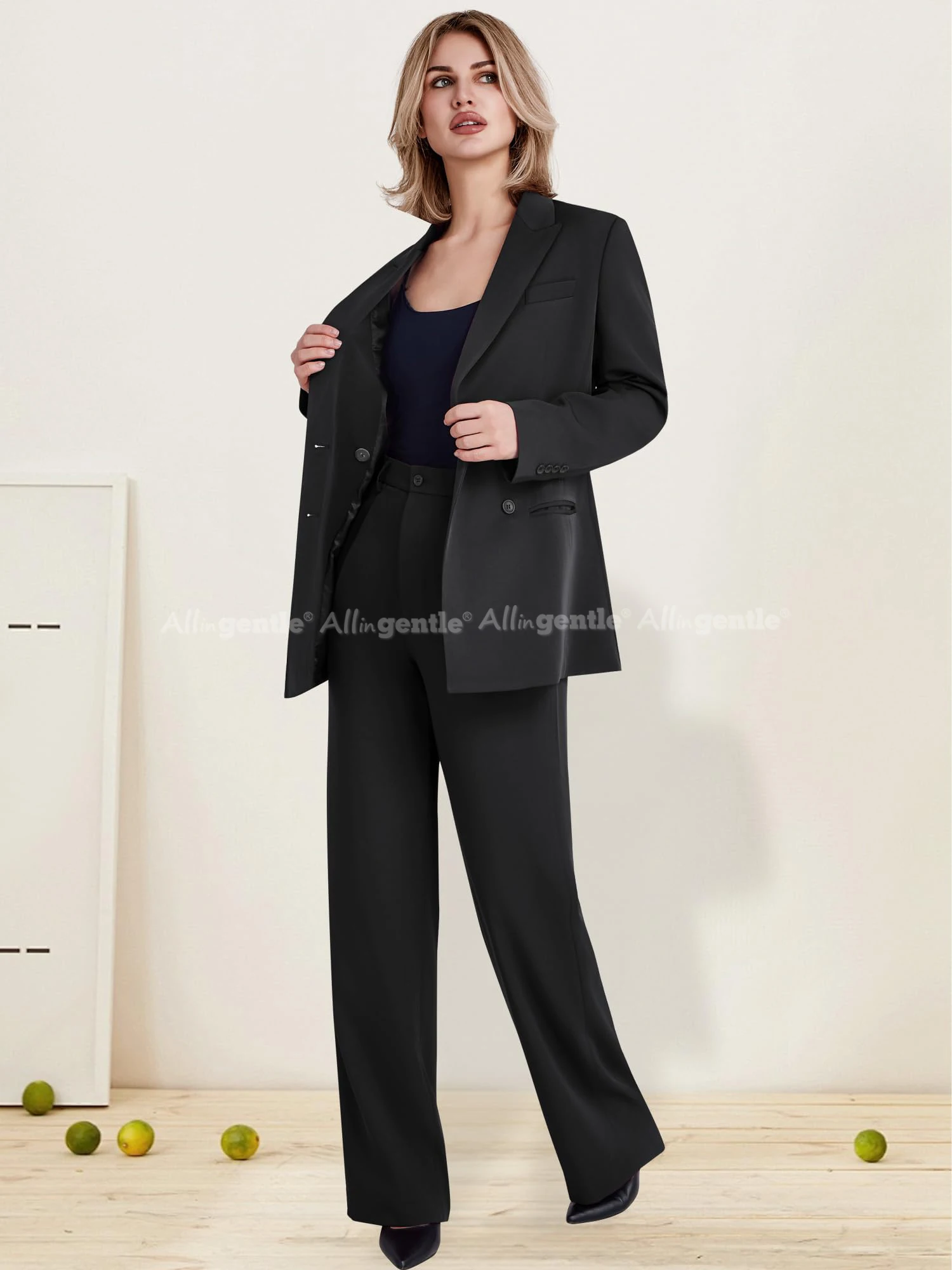 Women's 2 Piece Suit Two Button Business Casual Office Work Outfits Dressy Blazer Wide Leg Pants Set