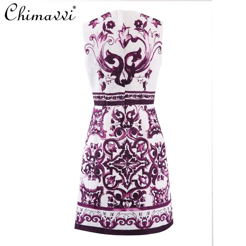 

Fashion Jacquard Cotton Positioning Print Purple Vest A-line Dress Autumn New Heavy Round Neck Slim Fit Elegant Retro Dress