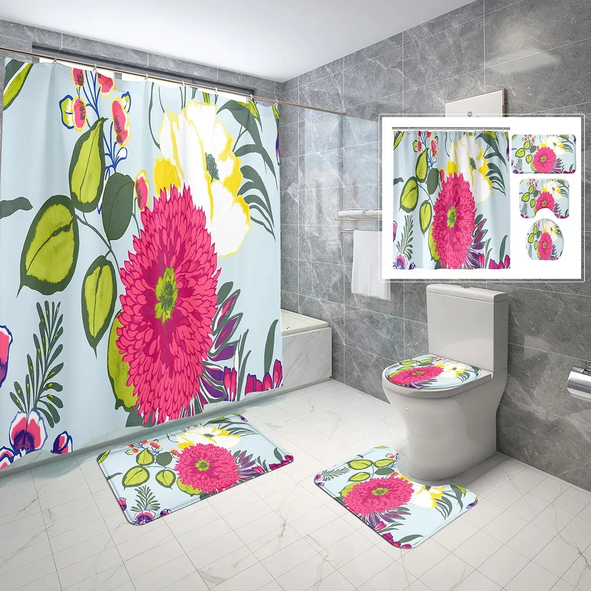 4 PCS Floral Shower Curtain Set,Creativity Colorful Artistic Bathroom Waterproof Bath Curtain,Non-Slip Bath Mat Toilet Cover Set