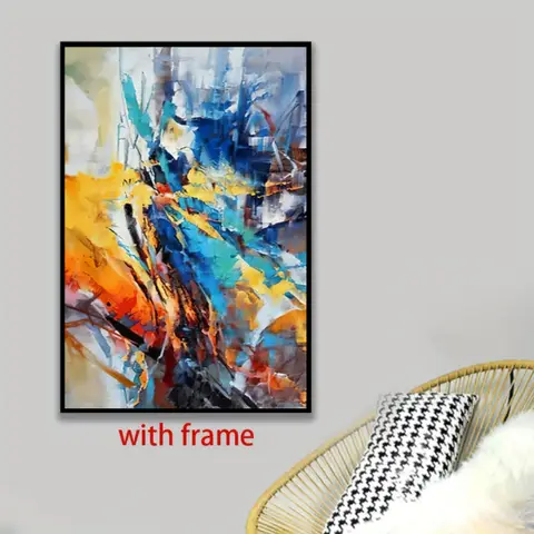 1 Frame-mounted Abstract Wall Art - Vivid Modern Design，Blue、Yellow、Bold strokes in orange and other colors - Living