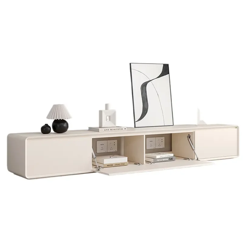 Cream Style Floor to Ceiling TV Cabinet with Hollow Back for Cable Management Solid Wood Lower Turning Door Simple Design