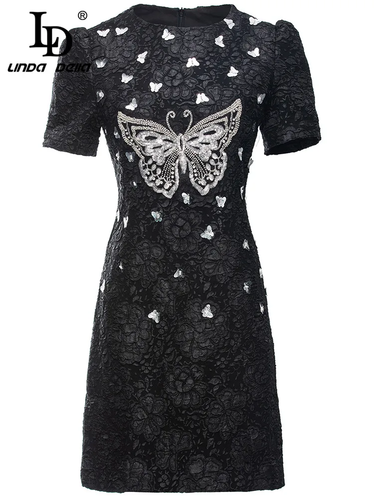 

LD LINDA DELLA New 2023 Fashion Runway Summer Short Dress Women Short sleeve Luxury Butterfly Beading Applique Black Mini Dress