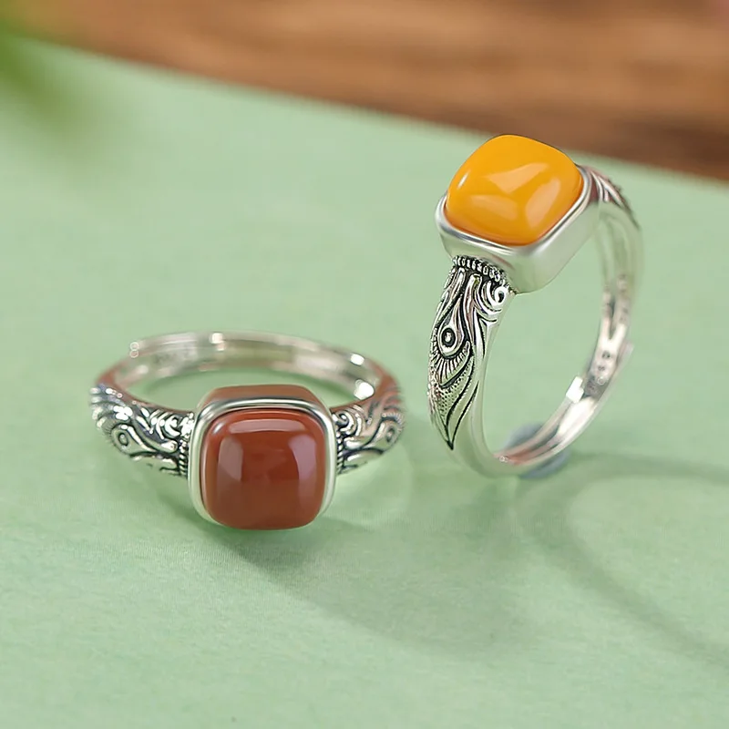 S925 Sterling Silver Amber Red Lucky Pattern Fortune Character Square Design Sense Ring
